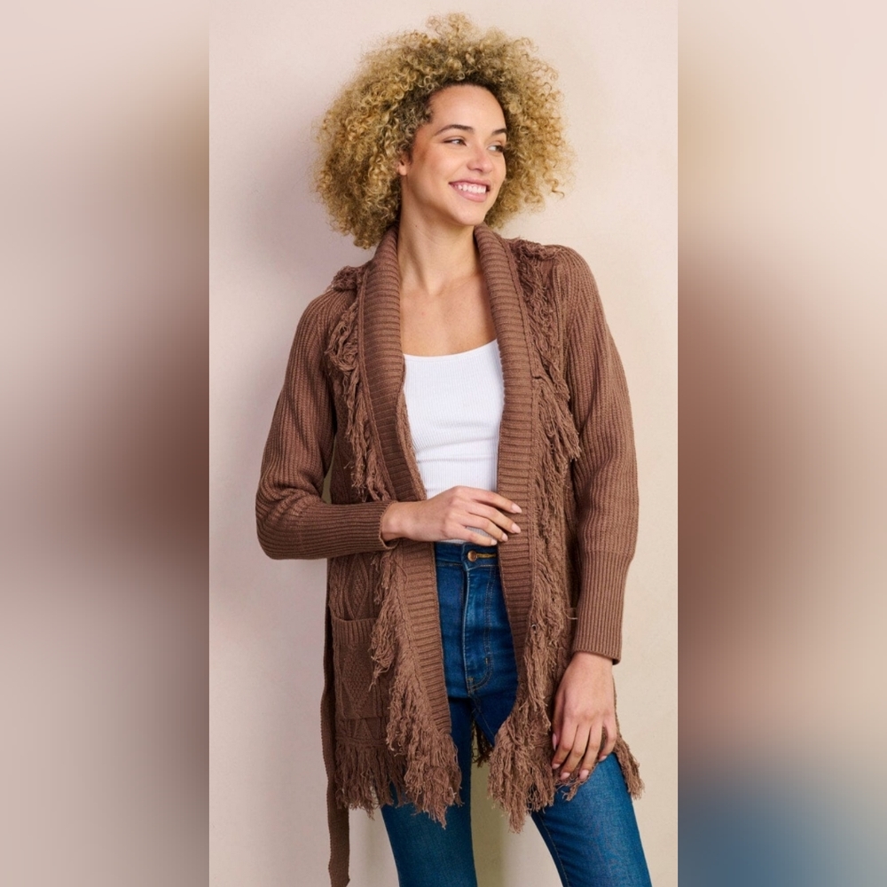 Mocha Long Sleeve Fringe Cardigan with Belt and Pockets